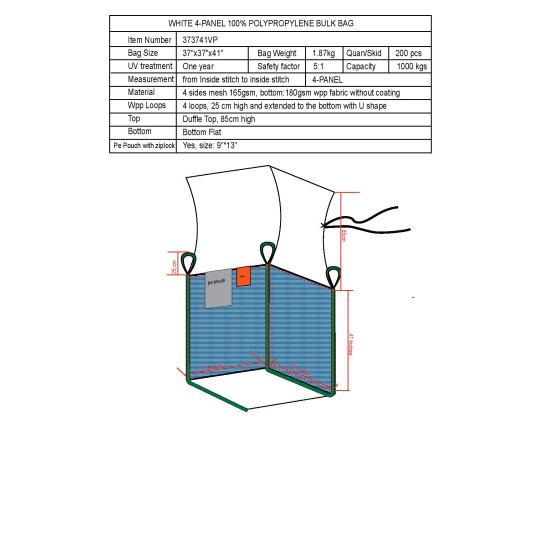 #373741VP SAC CONTENEUR J/G (32) 4 COTES MESH VENTILE /FOND PLAT <br>37X37X41 (1000KG)