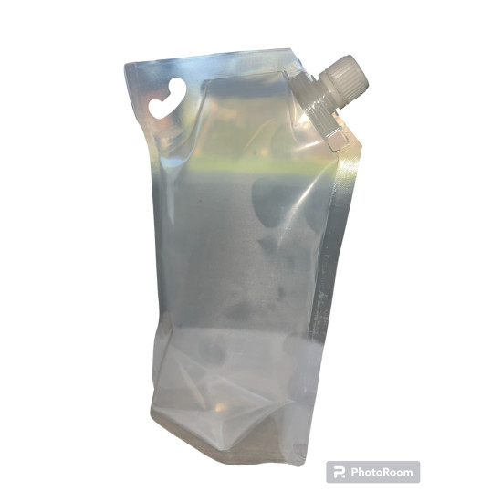 #PS1000C_B POCHETTE LIQUIDE TRANSPARENTE 1000 ML AVEC BOUCHON DAN LE BOITE <br>180X260+45 MM EXT.